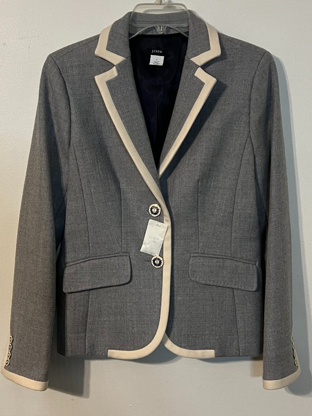 J CREW LEXINGTON MEDIUM GRAY WITH IVORY TRIM SIZE 8